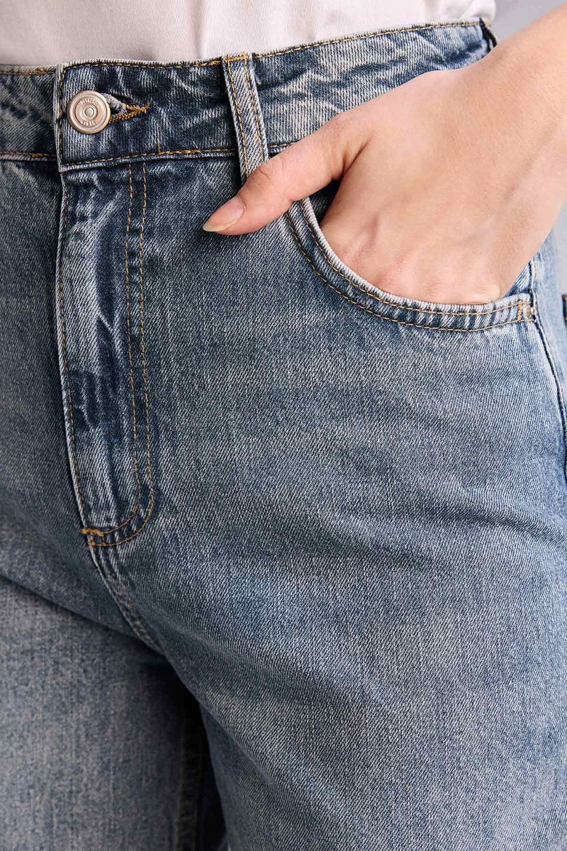 DeFacto Blue Woman 100% Cotton 90's Wide Leg High Waist Long Jeans Casual - Image 4